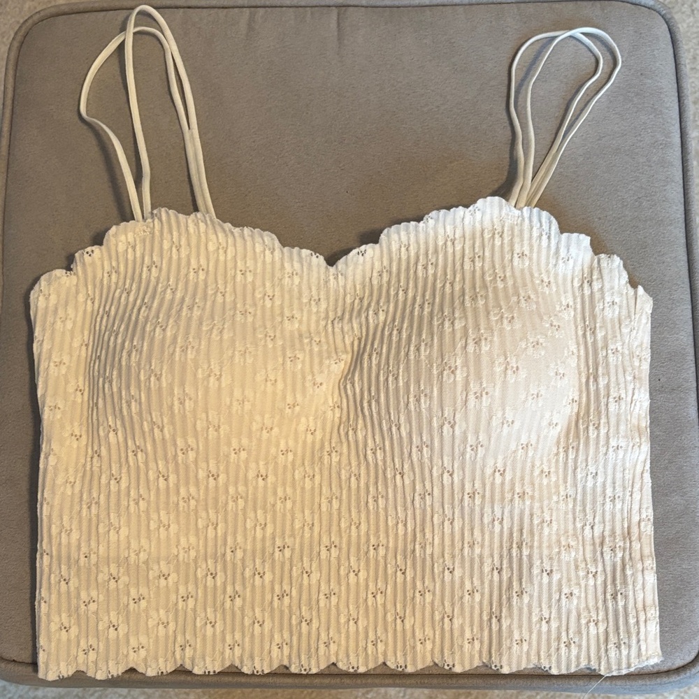 White Scallop-Edge Smocked Cropped Top